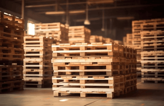 Wooden pallets stacked in warehouse for recycling
